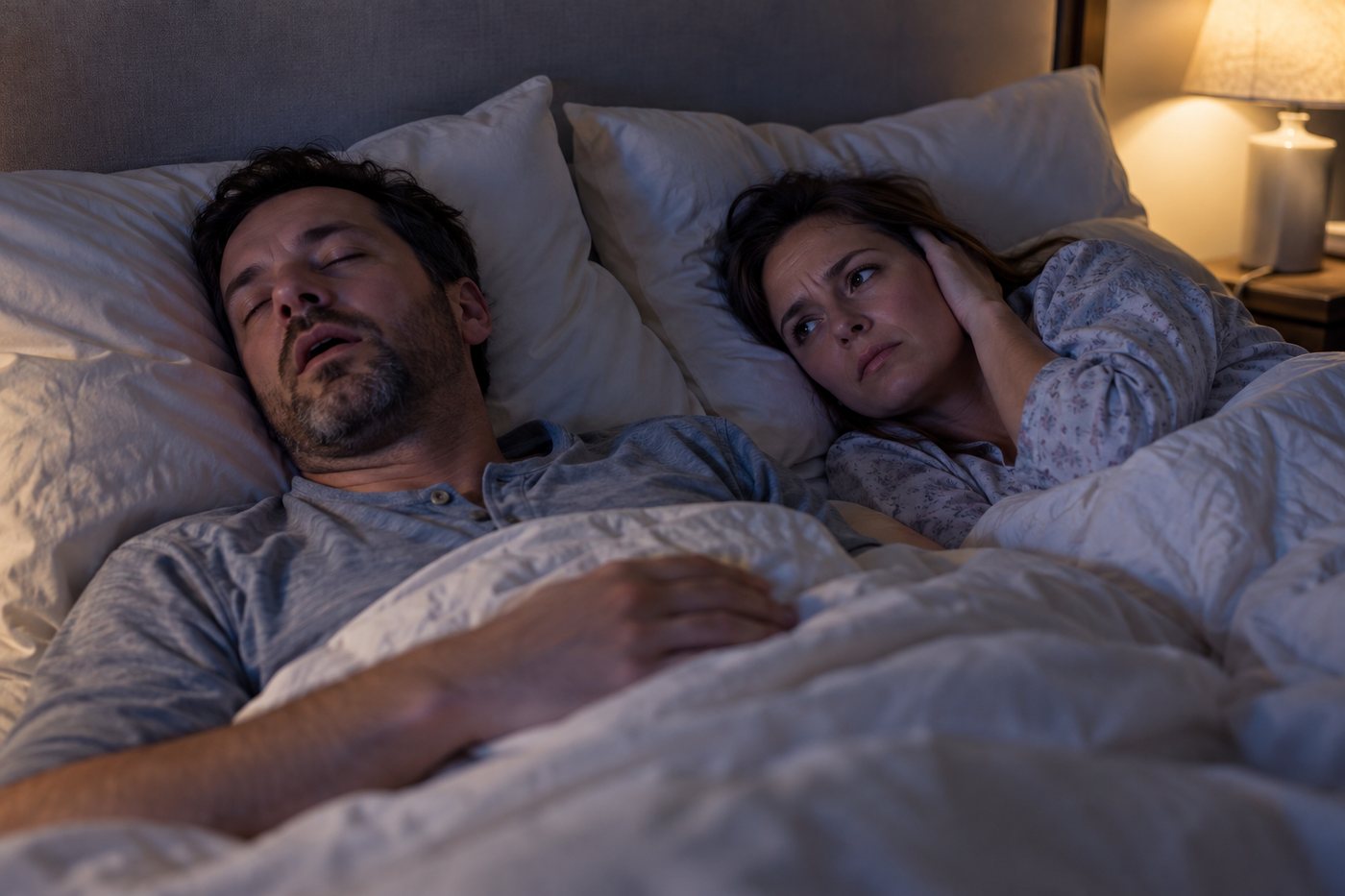 A couple in bed at night, one awake