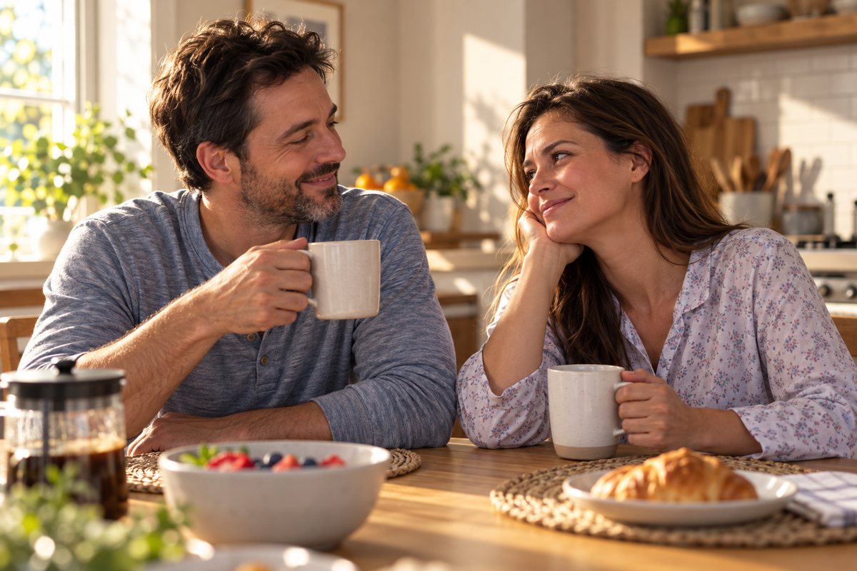 A couple waking up rested