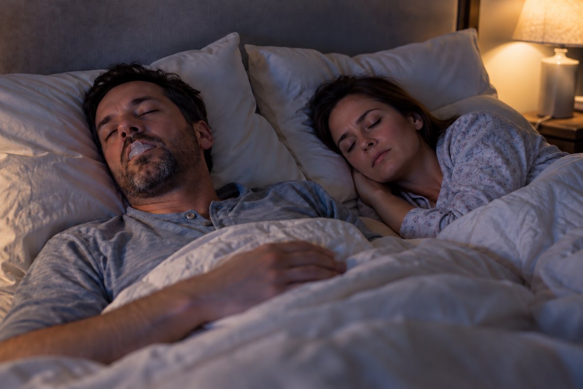 A couple asleep in bed, the man wearing the mouthpiece